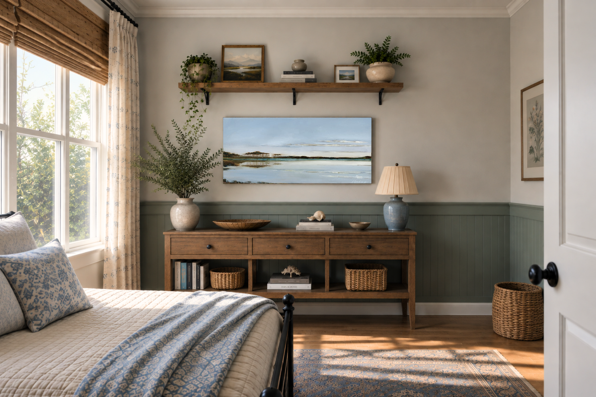 A styled bedroom interior featuring a wooden console table beneath a floating shelf with plants and framed art, including a landscape print mounted on the wall. The room has beige walls, green wainscoting, a bed with patterned bedding, a blue-gray throw blanket, and warm natural light from a window.