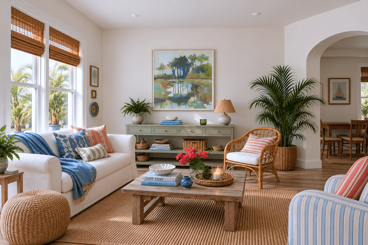 A bright, coastal-style living room featuring a white sofa with blue and striped pillows, a wooden coffee table, a wicker armchair, potted palm trees, and a framed landscape painting on the wall.