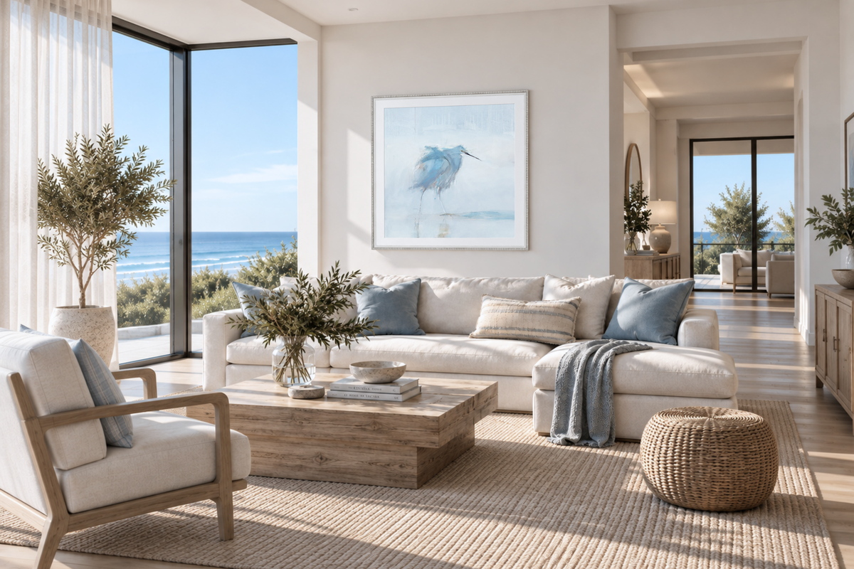 A bright, modern living room with a white sectional sofa, light wood coffee table, beige rug, and a large framed blue bird artwork on the wall. The room features large windows overlooking the ocean, with a matching armchair in the foreground.