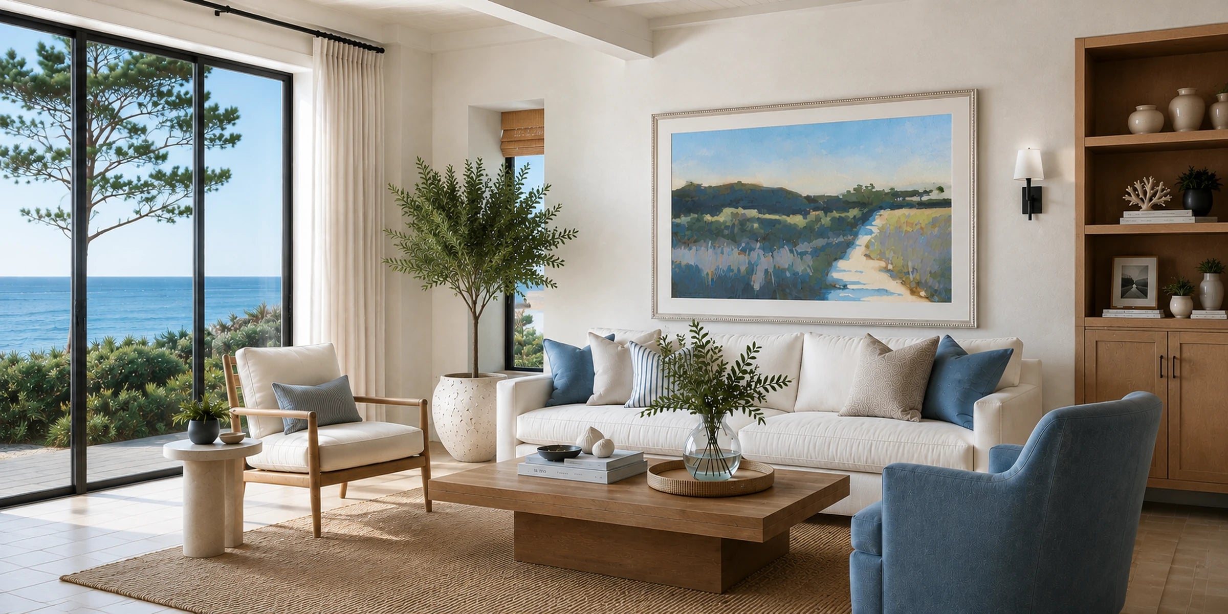 A styled living room interior with a large framed landscape painting on the wall above a white sofa. The room includes a wooden coffee table, blue accent chairs, a tall plant, shelving, and large windows overlooking the ocean.